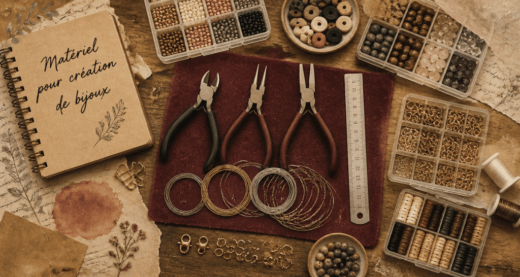 Materiel pour creation bijoux sur table avec outils et apprêts
