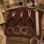 Materiel pour creation bijoux sur table avec outils et apprêts
