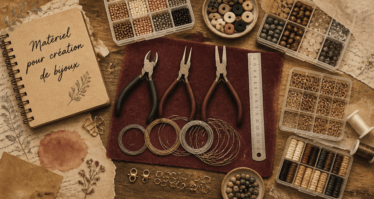 Materiel pour creation bijoux sur table avec outils et apprêts