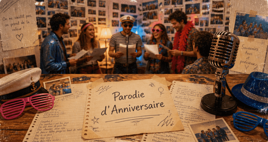 parodier une chanson pour un anniversaire, table et amis en fête