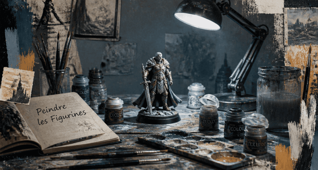 Peindre les figurines sur un plan de travail, outils et peinture