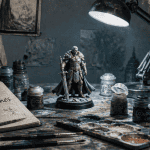 Peindre les figurines sur un plan de travail, outils et peinture