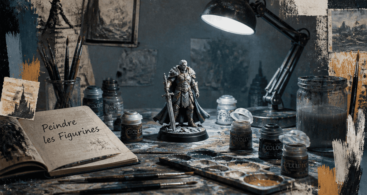 Peindre les figurines sur un plan de travail, outils et peinture