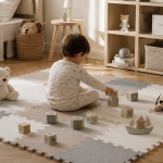 Puzzle tapis mousse bébé sur sol parquet