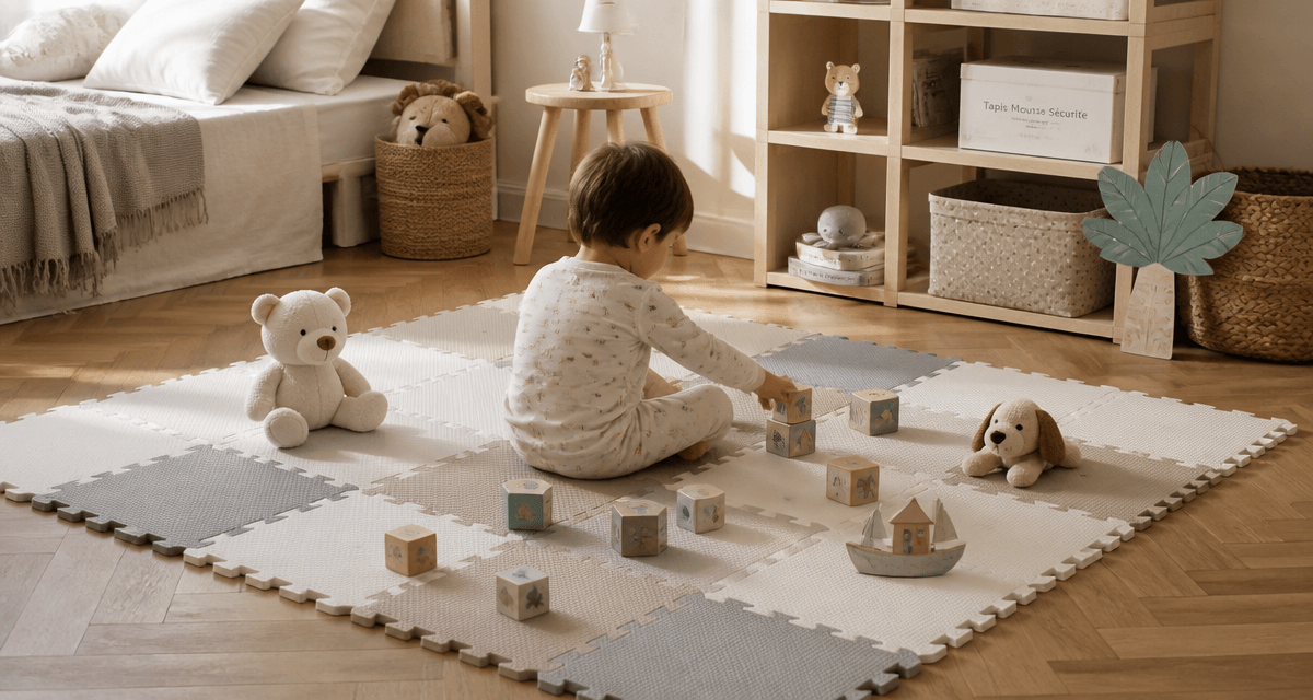 Puzzle tapis mousse bébé sur sol parquet