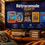 retroconsole compacte et manettes sur table basse vintage