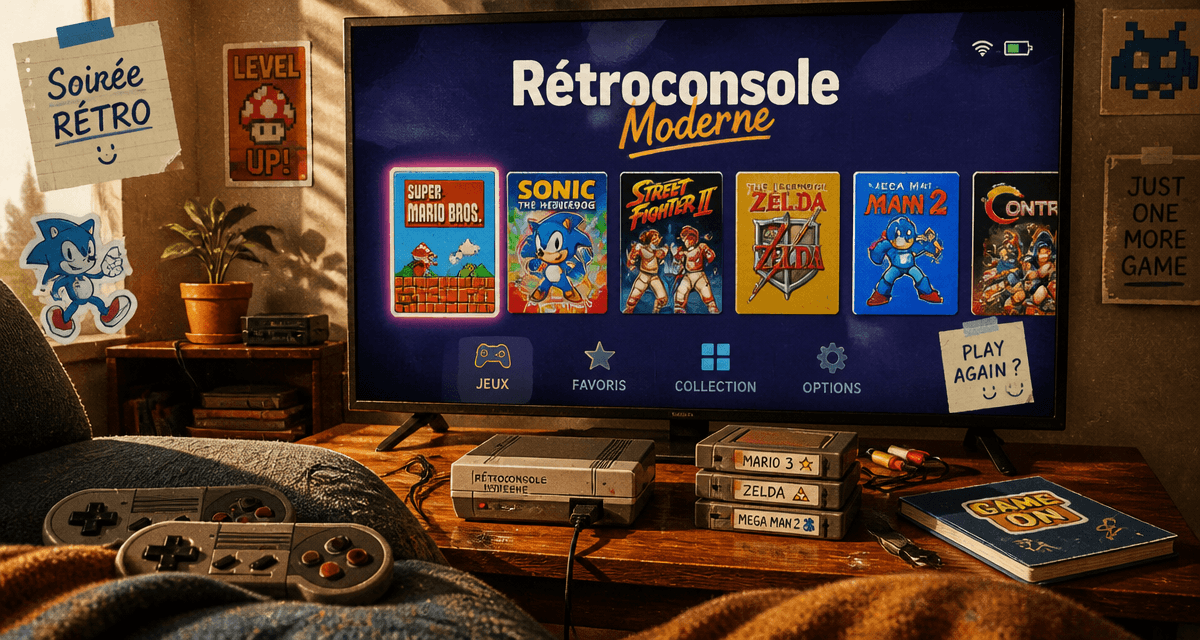 retroconsole compacte et manettes sur table basse vintage