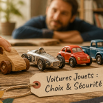 voiture jouet en bois métal plastique sur table
