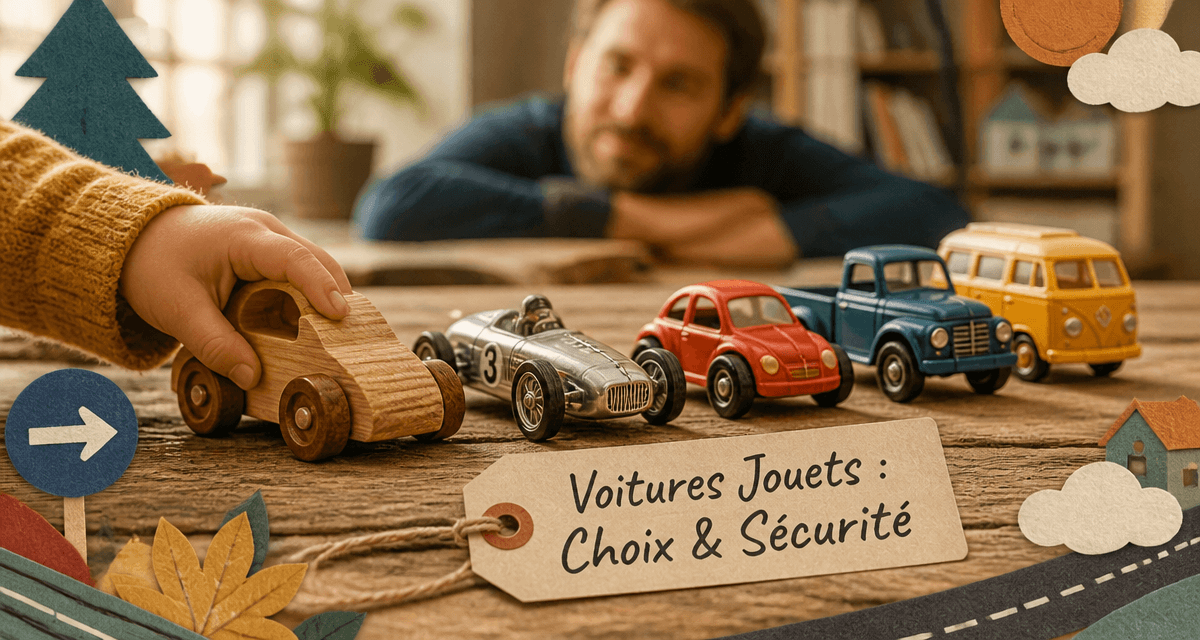 voiture jouet en bois métal plastique sur table