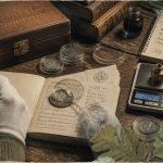 collectionneur de monnaie avec pièce ancienne et outils