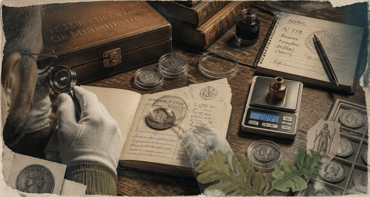 collectionneur de monnaie avec pièce ancienne et outils