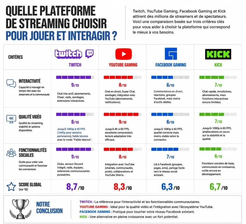 Infographie comparative des plateformes de jeux vidéo live : Twitch, YouTube, Facebook et Kick