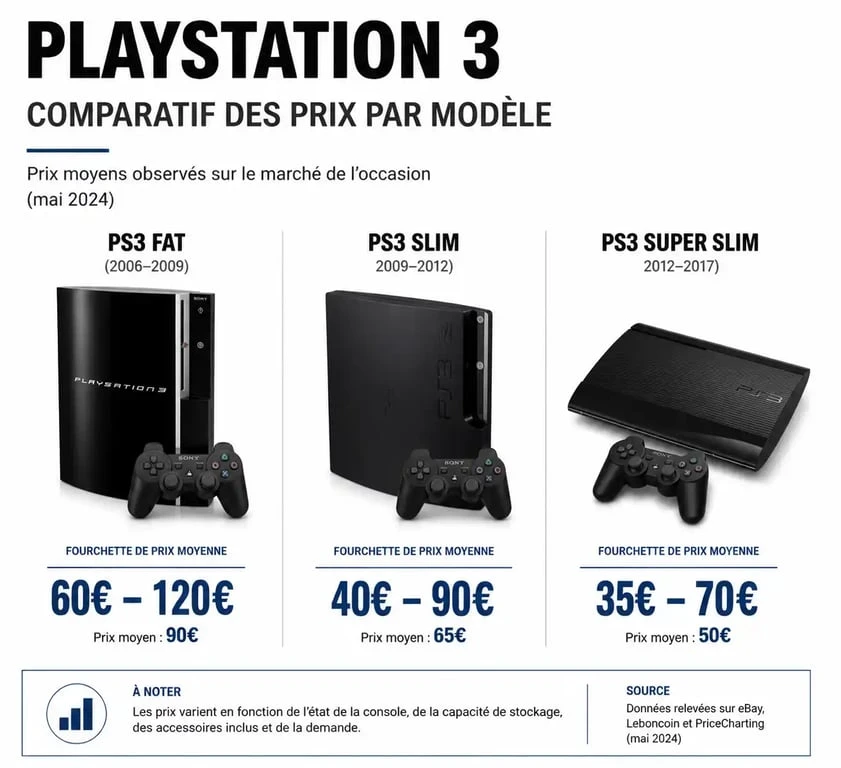 Comparatif des prix des modèles de console PS3 Fat, Slim et Super Slim sur le marché de l'occasion