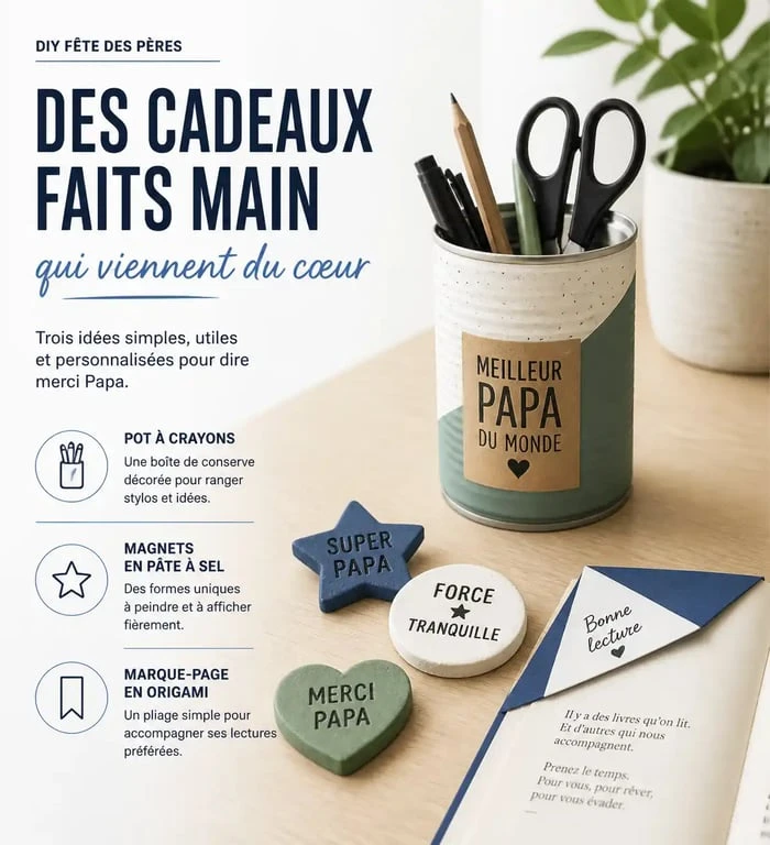 Idées cadeaux fête des pères à fabriquer facilement : pot à crayons, magnets et marque-page DIY