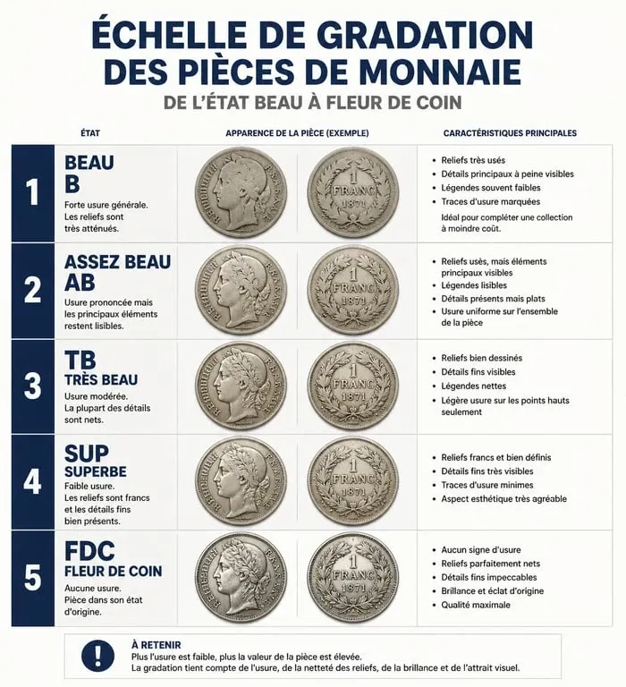 Échelle de gradation numismatique pour collectionneur de monnaie, de l'état Beau à Fleur de Coin.