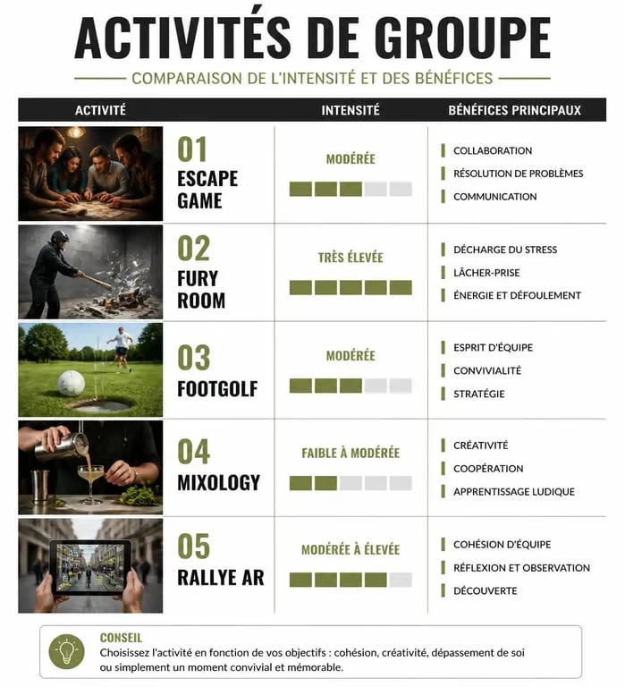 Infographie comparative des activités de groupe originales pour team building et événements