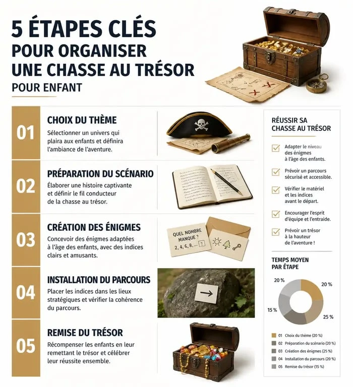 Infographie des étapes pour organiser une chasse au trésor enfant réussie