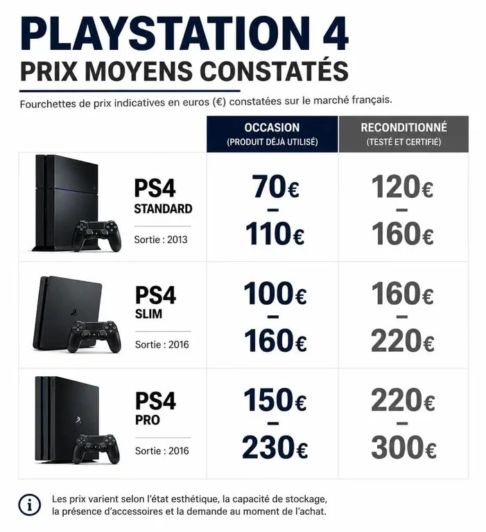 Comparatif des prix moyens de la console PS4 selon le modèle et l'état