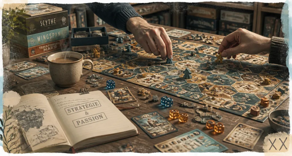 Vue d'ensemble jeu de stratégie plateau et accessoires