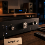 Amplificateur hifi haut de gamme, DAC et câbles à côté d’enceintes