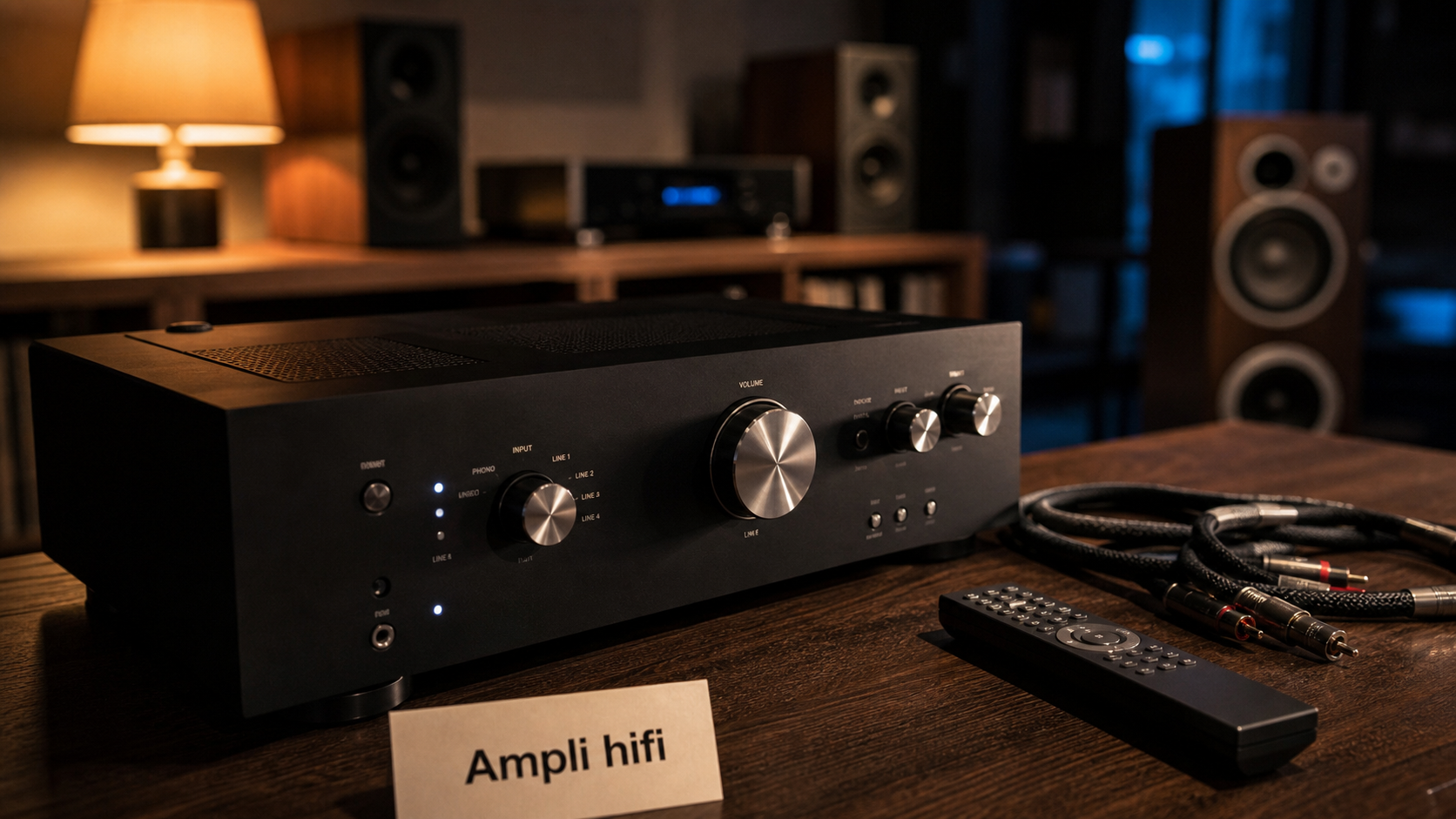 Amplificateur hifi haut de gamme, DAC et câbles à côté d’enceintes