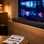 Barre de son Samsung prix : caisson, Dolby Atmos et Q Symphony dans un salon