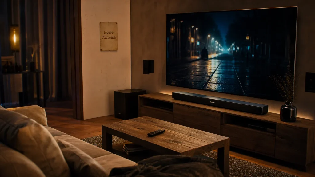 bose home theater system : barre de son Bose et module basses discrets dans un salon