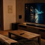 bose home theater system : barre de son Bose et module basses discrets dans un salon