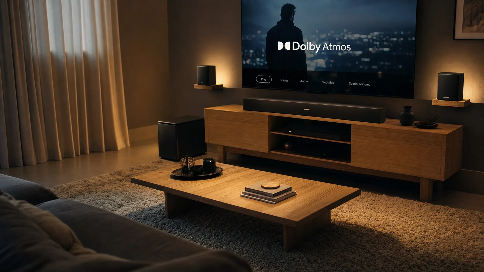 bose home theater system Dolby Atmos et modules : salon moderne