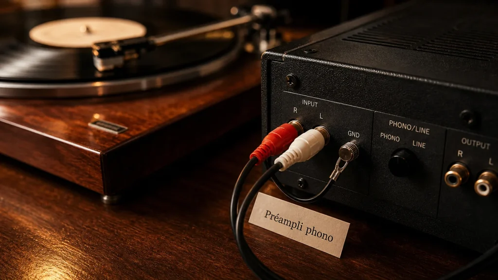 Branchement platine vinyle sur ampli : câbles RCA et masse sur entrée PHONO, préampli phono