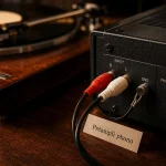 Branchement platine vinyle sur ampli : câbles RCA et masse sur entrée PHONO, préampli phono
