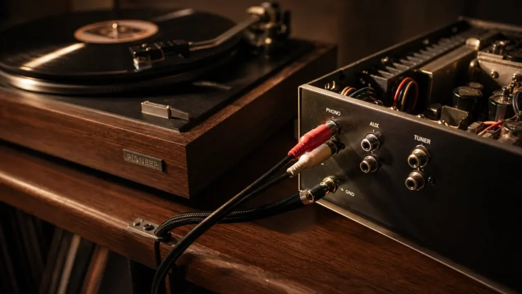 Cable RCA pour platine vinyle : branchement phono et fil de masse visible