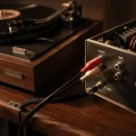 Cable RCA pour platine vinyle : branchement phono et fil de masse visible