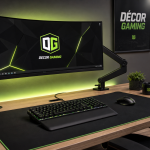 Déco bureau gaming clean RGB maîtrisé : bureau bois et écran incurvé