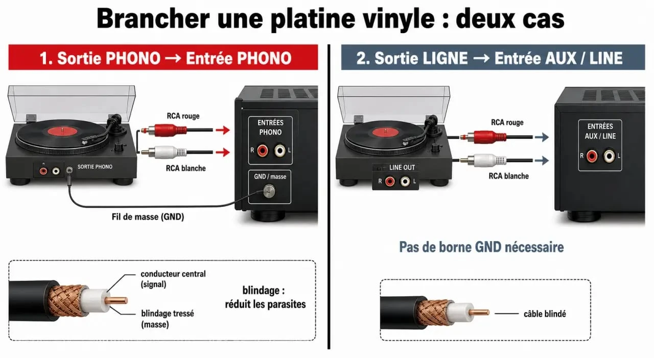 Schéma du câble RCA pour platine vinyle avec branchement phono et ligne
