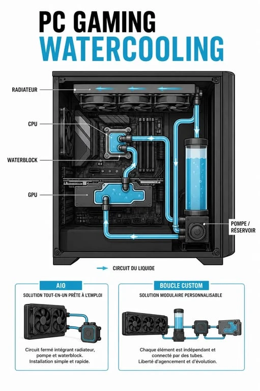 PC gaming watercooling avec schéma simplifié du circuit de refroidissement par eau