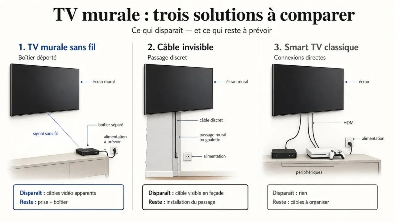 Comparatif visuel d’une tv murale sans fil, du câble invisible et d’une Smart TV classique