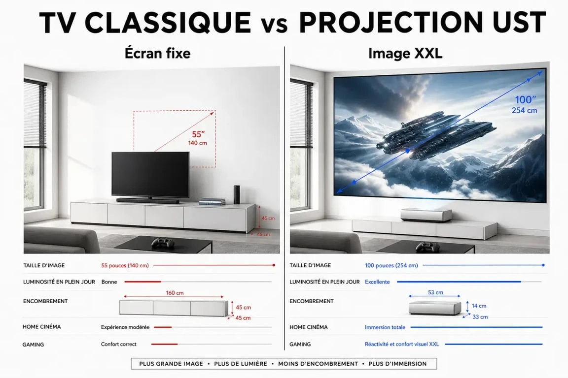 TV a projection comparée à une télévision traditionnelle et à un vidéoprojecteur dans un salon