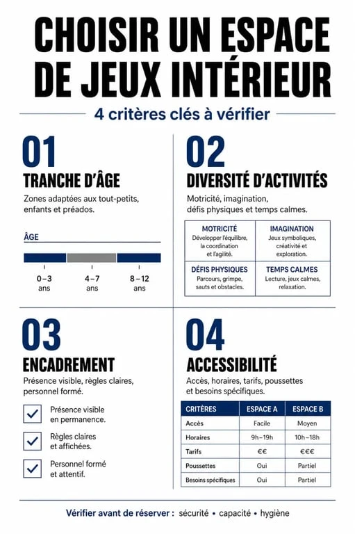 Infographie des critères de choix pour un espace de jeux intérieur en famille