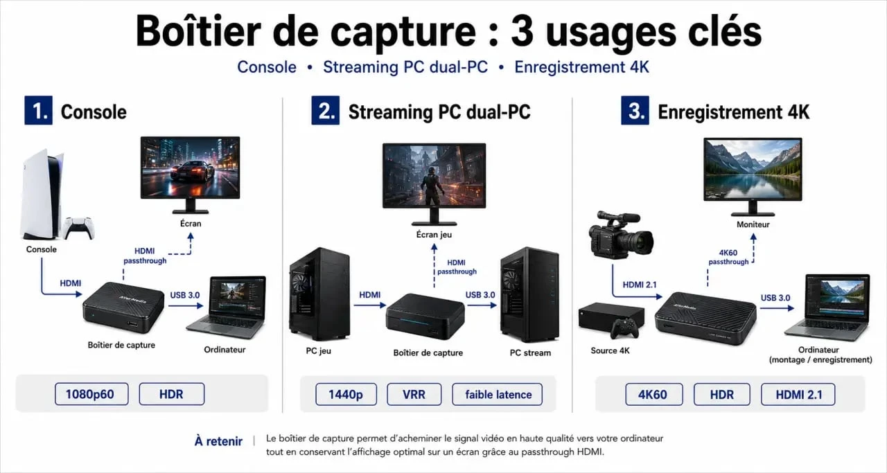 Guide visuel sur le boitier de capture avec comparaison des usages, des résolutions et du passthrough