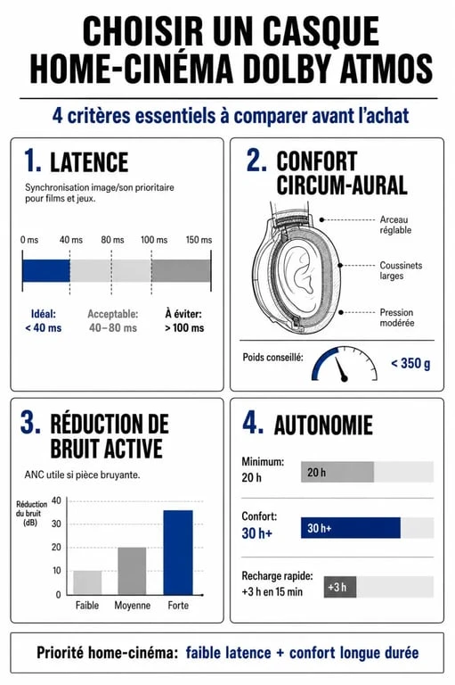 Infographie des critères de choix pour un casque home-cinéma Dolby Atmos
