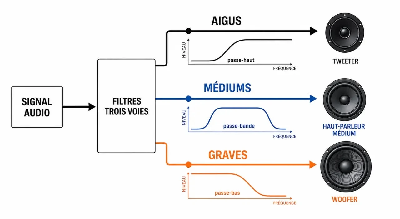 Carte de gestion trois voies audio avec filtres illustrée par un schéma simplifié des graves, médiums et aigus