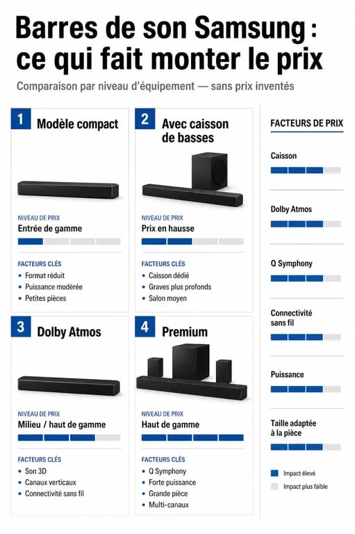 Infographie sur barre de son samsung prix : comparaison des modèles, fonctionnalités et critères qui influencent le tarif