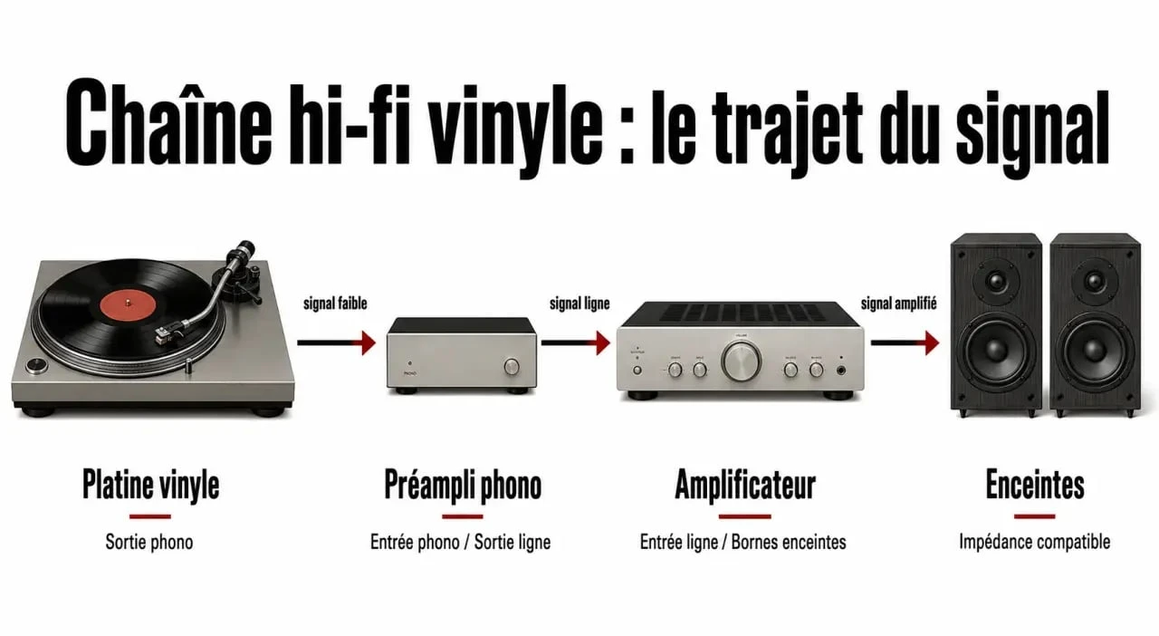 Schéma de platine vinyle et chaine hifi montrant les éléments essentiels pour écouter des vinyles