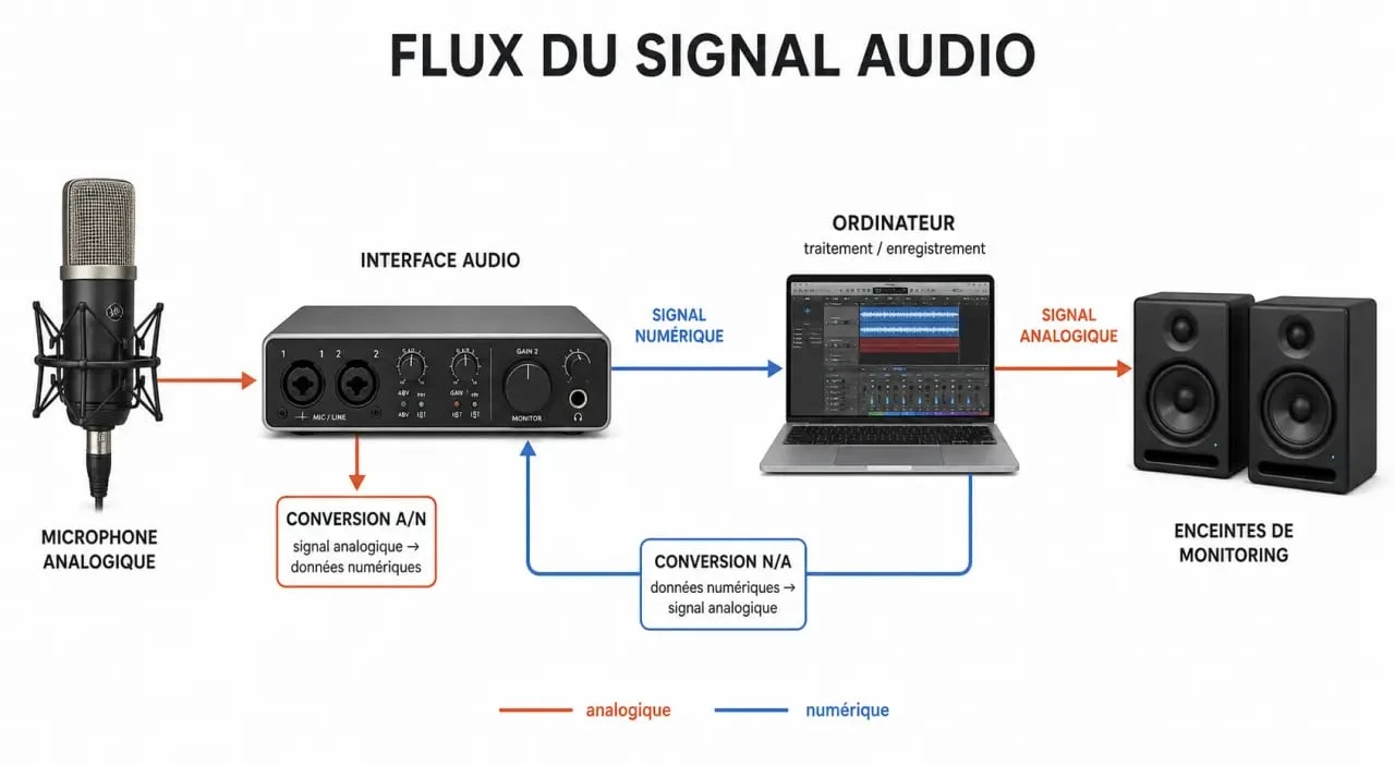Schéma explicatif du fonctionnement d'une carte son et de la conversion du signal audio