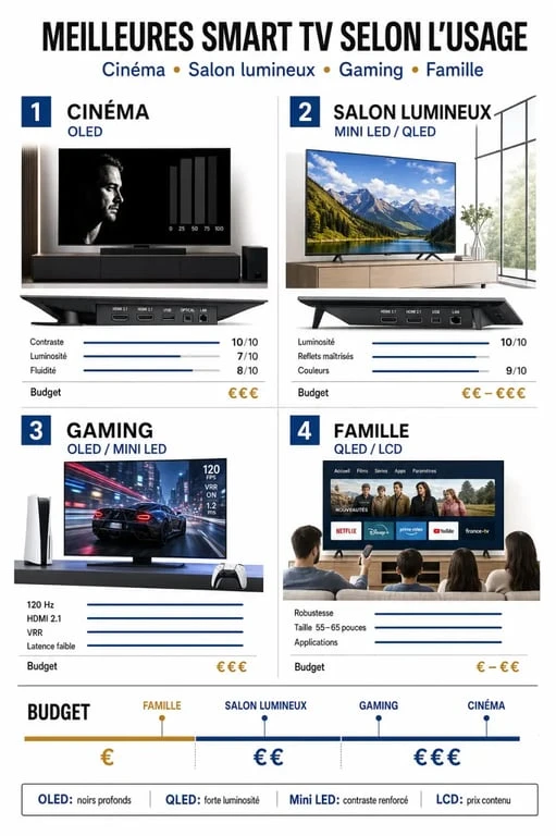 Comparatif visuel du meilleur smart tv selon l’usage : cinéma, salon lumineux, gaming et famille