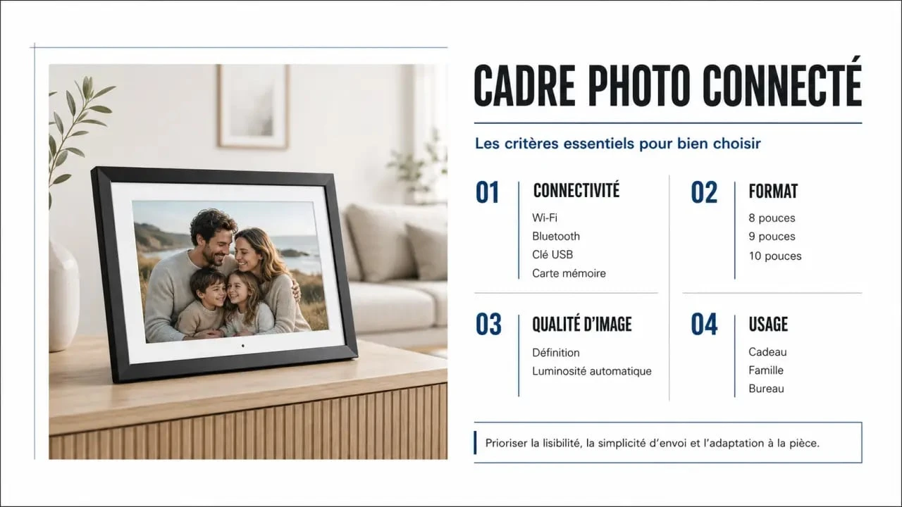 Infographie sur le cadre photo connecté avec critères de choix et usages