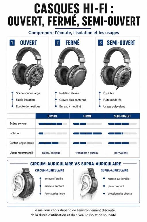 Infographie comparative sur le casque hi fi : ouvert, fermé, semi-ouvert, circum-auriculaire et supra-auriculaire