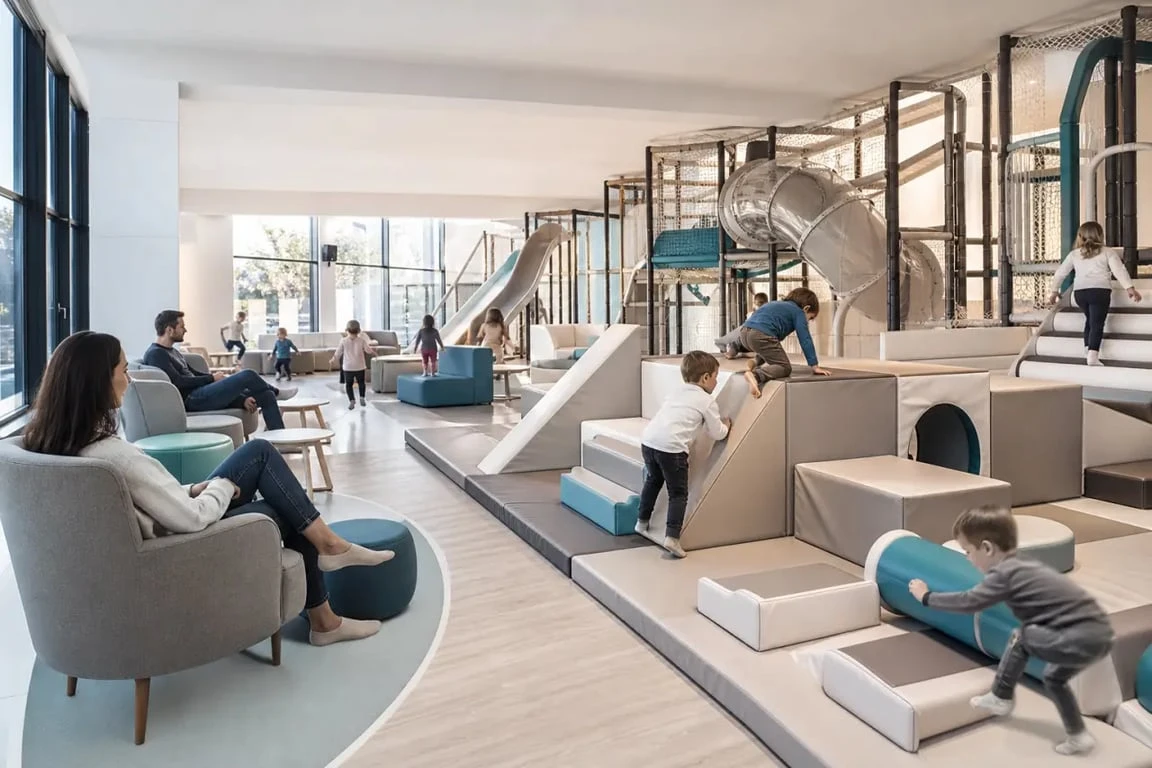 Salle de jeux indoor familiale avec enfants sur des structures de jeux et parents en retrait