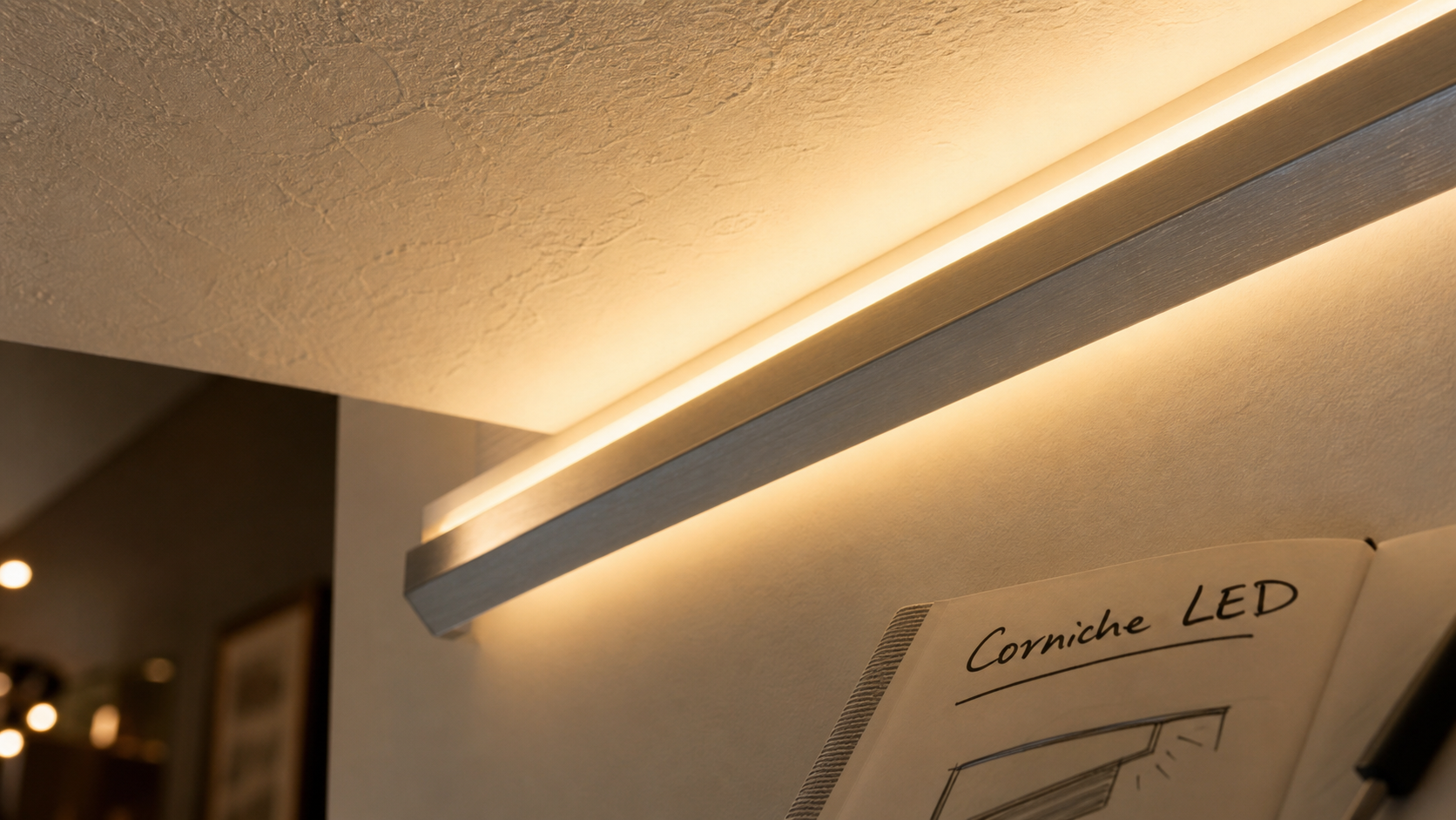 LED pour corniche : ruban LED dans une moulure au plafond, lumière chaude